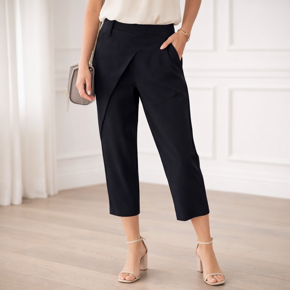 Cropped Draped Front Ankle Pants - Black